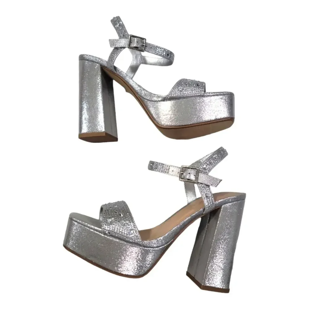 Silver Rhinestone Studded Platform Strappy Heels